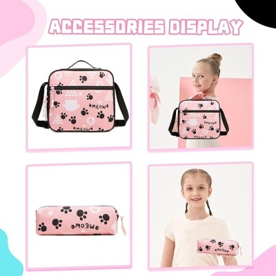 Conjunto Escolar Gatinha Meow - Mochila + lancheira + porta-lápis