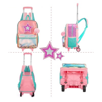 Mochila infantil rosa com rodas, estrelas e pompom rosa