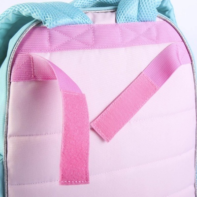 Mochila rosa com alças azuis e tiras de velcro cor-de-rosa