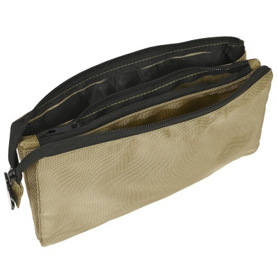 Bolsa organizadora bege com fecho de correr preto e divisórias internas