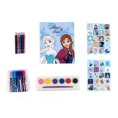 Conjunto desenho e pintura Frozen com lápis, canetas, aguarelas, caderneta e autocolantes