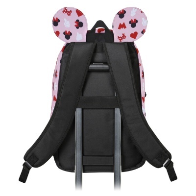 Mochila infantil rosa com orelhas da Minnie e tiras pretas