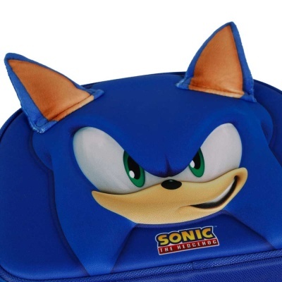 Mochila azul com o rosto do Sonic e etiqueta Sonic the Hedgehog