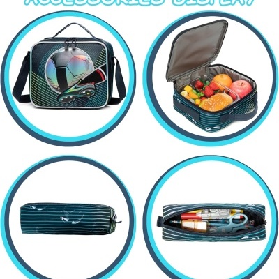 Conjunto de acessórios com bolsa térmica para alimentos, estojos com padrão de bola de futebol e chuteira