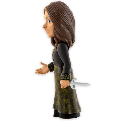 Figura colecionável de personagem feminino com túnica preta e saia verde com padrão floral segurando adaga