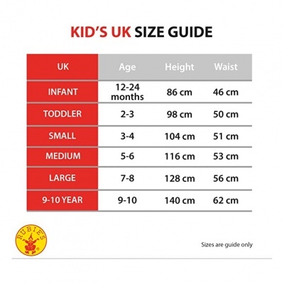 Guia de tamanhos para crianças UK com idades, altura e cintura em cm.