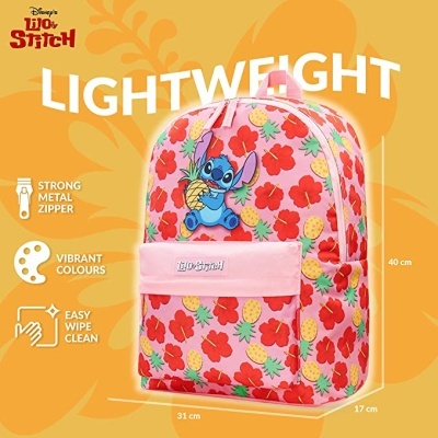 Mochila colorida Disney Lilo & Stitch com padrão floral e personagem Stitch