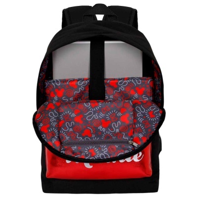 Mochila preta aberta com interior colorido e bolso frontal vermelho