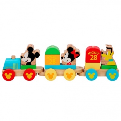 Trem de madeira Disney com Mickey, Minnie e Pateta e texto MINNIE 28 e MICKEY 28