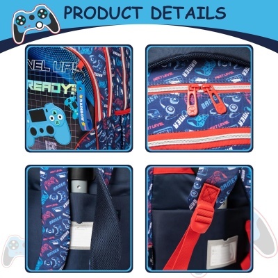 Mochila infantil azul com padrão de videojogos e fechos vermelhos