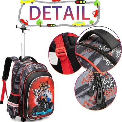 Mochila preta e vermelha com carrinho e imagem de carro de corrida