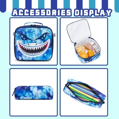 Conjunto de mochila, lancheira e estojo azul com estampa de tubarão e padrão tie-dye