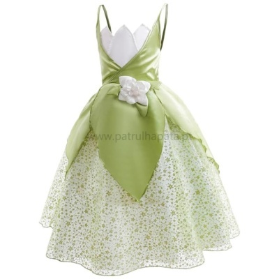 Vestido infantil verde claro com saia estampada de estrelas e flor branca na cintura