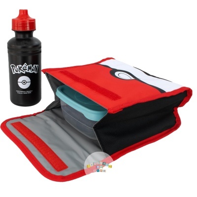 Garrafa desportiva preta com tampa vermelha e lancheira vermelha, branca e preta com recipiente azul