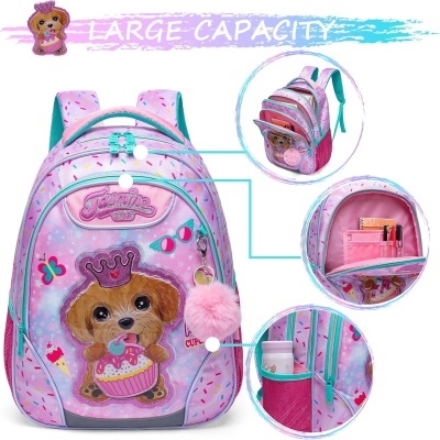 Mochila infantil rosa com desenho de cachorrinho a segurar um cupcake e vários compartimentos