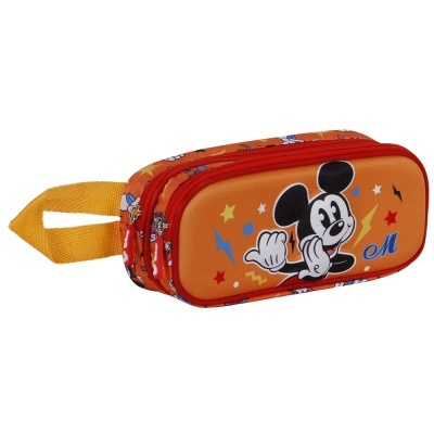 Estojo escolar laranja com imagem de Mickey Mouse e alça amarela