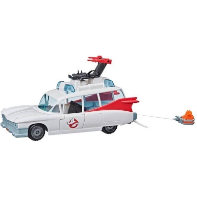 Carro de brinquedo Ghostbusters branco e vermelho com reboque cinza e figura alaranjada