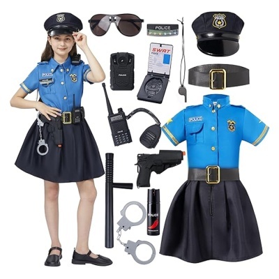 Fato de polícia para criança azul e preto com acessórios variados