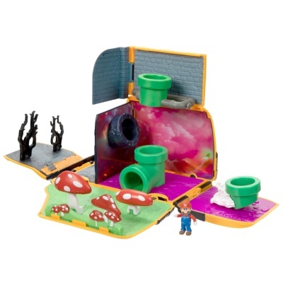 Brinquedo dobrável estilo Mario com tubos verdes e cogumelos vermelhos