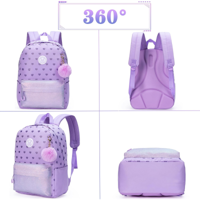 Mochila lilás com padrão de corações, bolso brilhante e pompom rosa