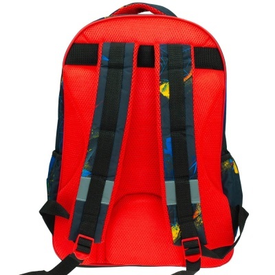 mochila escolar vermelha com alças ajustáveis estampadas e acolchoado traseiro vermelho