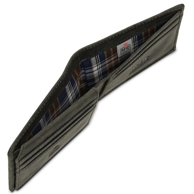 Carteira masculina preta em couro com interior xadrez e proteção RFID