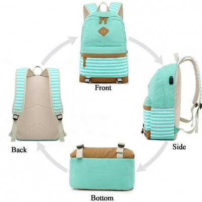 Mochila verde água com padrão de riscas brancas e detalhes bege, vista de frente, costas, lado e fundo.