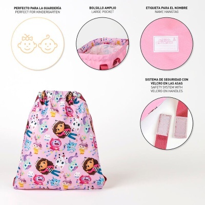 Mochila rosa com estampa infantil colorida, bolso amplo, etiqueta para nome e velcro nas alças