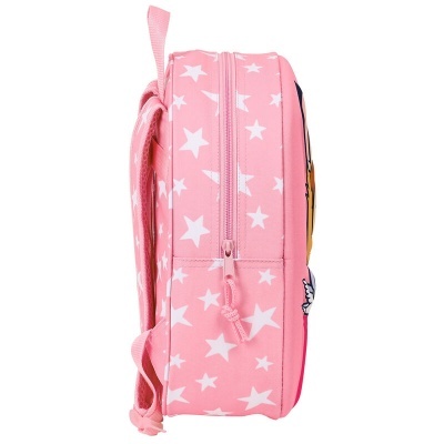 Mochila rosa com estrelas brancas vista de lado