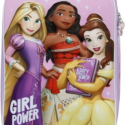 Mala lilás com personagens femininas e textos GIRL POWER e Fairy Tales