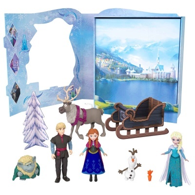 Conjunto de brinquedos Disney Frozen com figuras e acessório em caixa azul