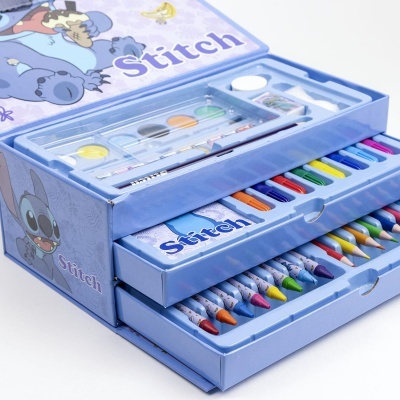 Conjunto de arte Disney Stitch com lápis de cor, cera e tintas em caixa azul