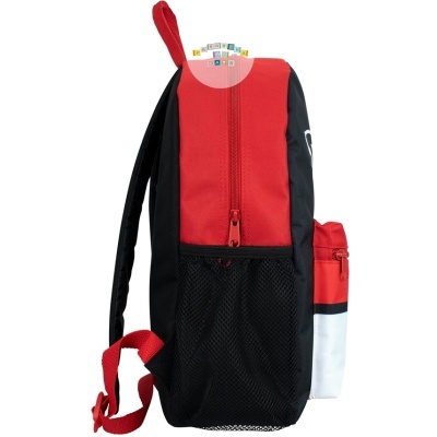 mochila bicolor vermelha, preta e branca vista de lado