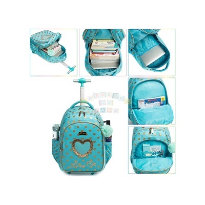 mochila azul turquesa com corações dourados e rodinhas