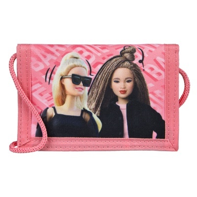 Carteira Barbie rosa com fecho de velcro e cordão
