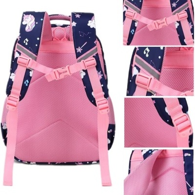 Mochila infantil azul escura com unicórnios e alças cor de rosa