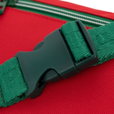 Fivela preta com fita verde em tecido vermelho