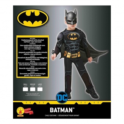 Embalagem fantasia infantil Batman com macacão, capa e máscara preta e amarela