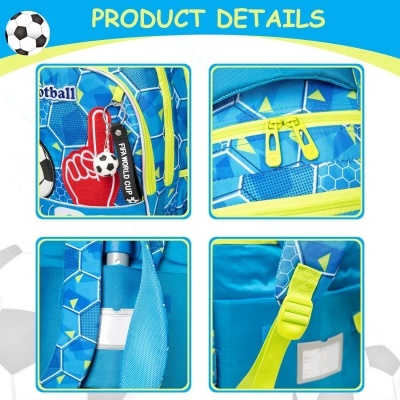 Mochila azul com padrão hexagonal e detalhes de futebol