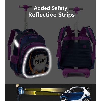 Mochila escolar azul e roxa com carrinho e faixas refletoras