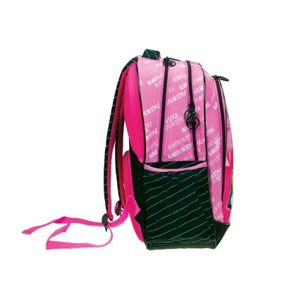 Mochila rosa e preta com texto e vários compartimentos