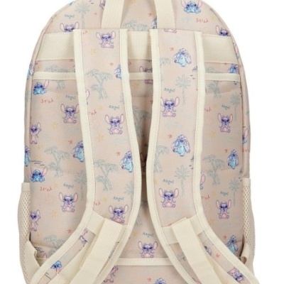 Mochila bege claro com padrão colorido de desenhos animados e alças ajustáveis reforçadas.