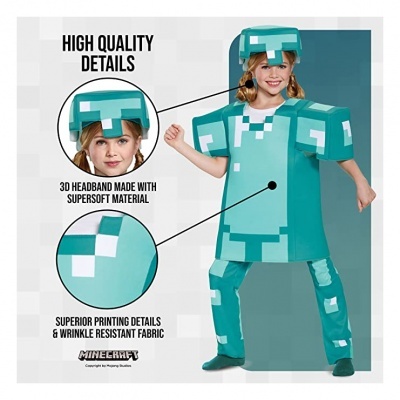 Fantasia infantil de Minecraft em azul-turquesa com texto explicativo sobre os detalhes do fato
