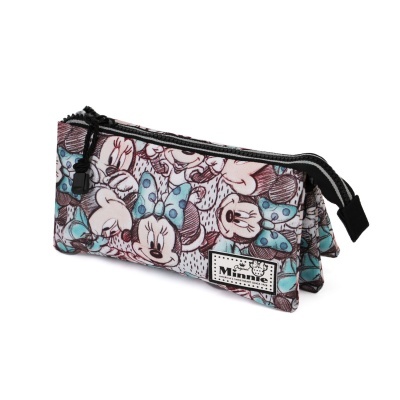 Estojo escolar com padrão da Minnie Mouse em cores azul, branco e castanho