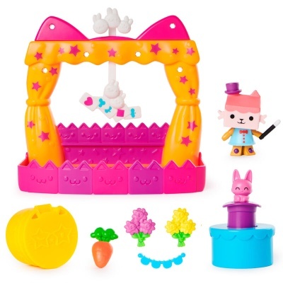 Brinquedo palco cor-de-rosa e amarelo com acessórios e figura de gato