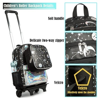 Mochila infantil de rodinhas com padrão de planetas e estrelas, fecho bidirecional e bolso holográfico