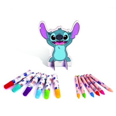 Conjunto de canetas, lápis de cor e figura de papel da personagem Stitch rosa e azul