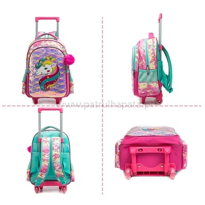 mochila infantil com rodas e estampa de unicórnio colorido