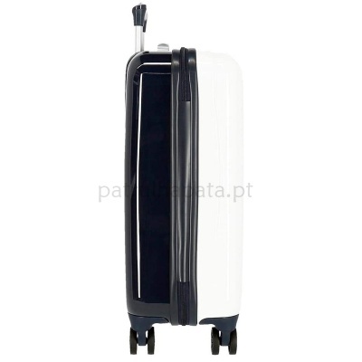 Mala de viagem rígida branca e preta vista de lado com rodas e pega retrátil