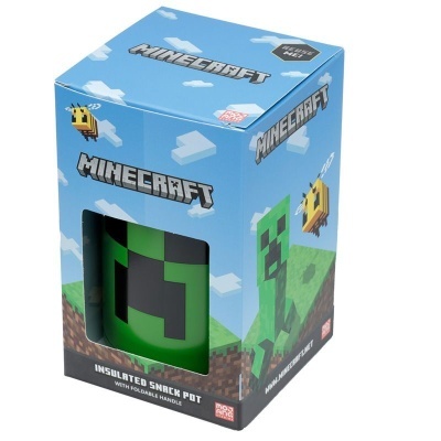 Embalagem azul do jogo Minecraft com janela mostrando produto verde pixelizado